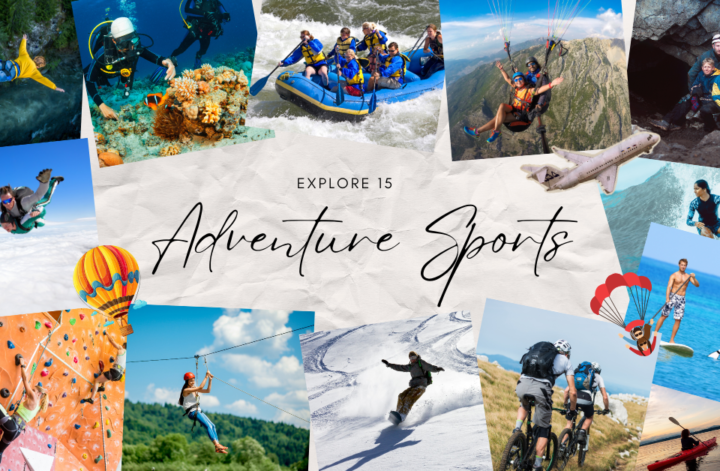 A dynamic collage of images representing adventure sports, highlighted by the words "Adventure Sports" in an eye-catching font.