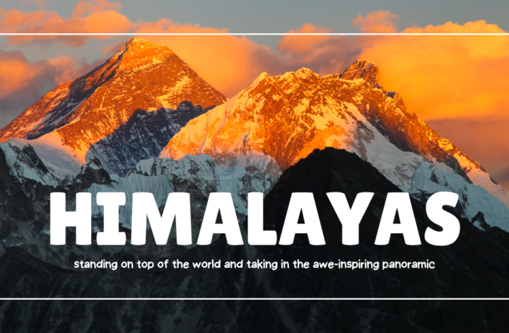 A panoramic view of the Himalayas, showcasing the majestic peaks of the world's highest mountain range under a clear blue sky.