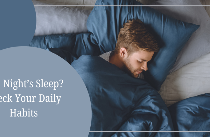 A person looking tired in bed, surrounded by sleep aids, with a text overlay about checking daily habits for better sleep.