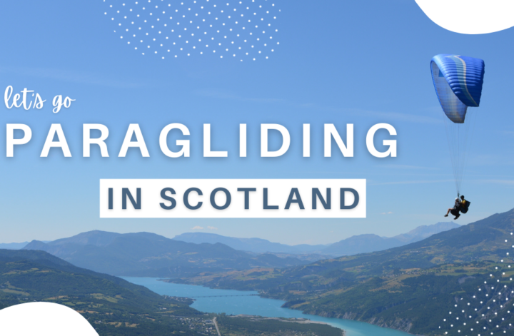 A paraglider soaring over the lush green hills and valleys of Scotland, with a clear blue sky in the background.