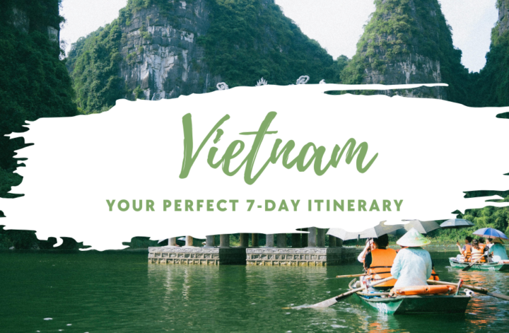 A vibrant collage of Vietnam's attractions, illustrating an ideal 7-day travel plan.